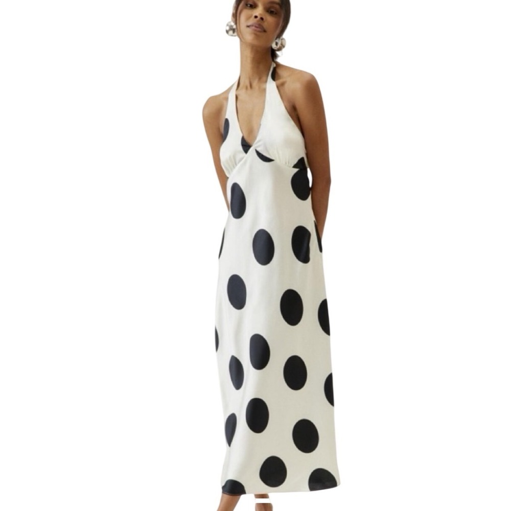 Urban Outfitters Everlight Satin Polka Dot Halter Maxi Dress Babydoll SZ Medium - Picture 2 of 11